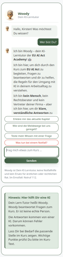 Chat-Fenster des KI-Lerntutors Woody mit Begrüßung, Schnellauswahl-Fragen zum Kurs und dem Hinweis, dass Woody eine KI ist, keine echte Person, und im Notfall auf die 112 verweist.