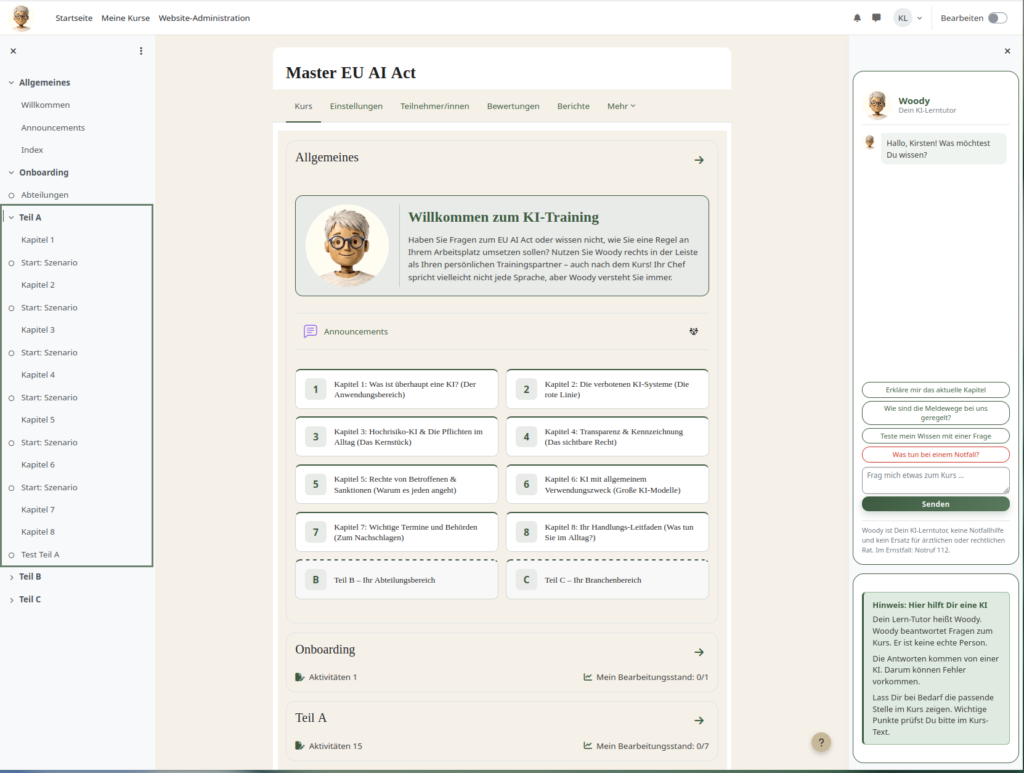 Moodle-Kursansicht „Master EU AI Act" mit den acht Kapiteln in Teil A, den Bereichen Teil B (Abteilung) und Teil C (Branche) sowie dem Woody-Chat am rechten Bildschirmrand.
