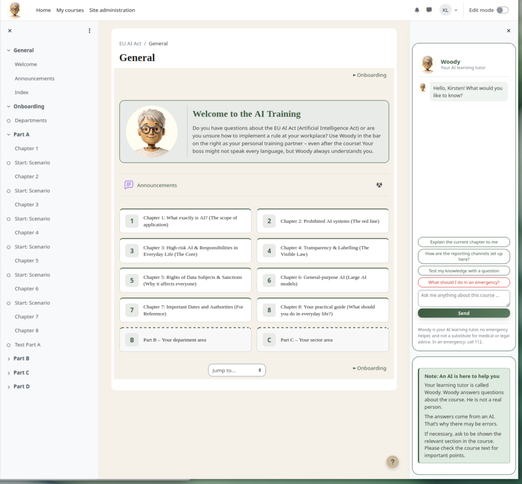 Moodle course view "Master EU AI Act" with the eight chapters in Part A, the sections Part B (Department) and Part C (Industry), and the Woody chat on the right edge of the screen.