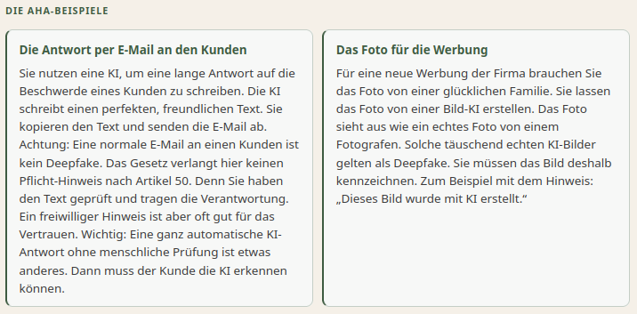 Zwei Beispiel-Situationen aus dem Kurs: eine KI-Antwort per E-Mail an einen Kunden und ein KI-generiertes Werbefoto, jeweils mit Erklärung, wann die Kennzeichnungspflicht nach Artikel 50 EU AI Act gilt.