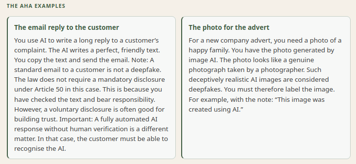 Two example situations from the course: an AI response via email to a customer and an AI-generated promotional photo, each with an explanation of when the labeling obligation under Article 50 of the EU AI Act applies.