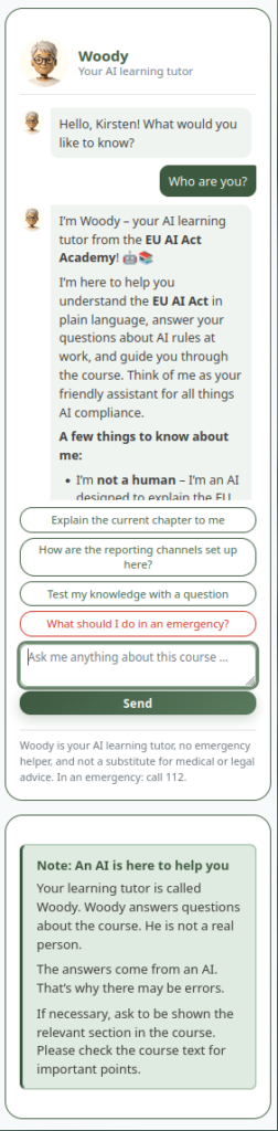 Chat window of the AI learning tutor Woody with a greeting, quick-select questions about the course, and a note that Woody is an AI, not a real person, and refers to 112 in an emergency.